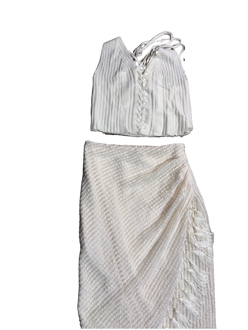 Fashion Nova Ivory Knit 2 Piece Set XS Lace Up V Neck Fringe Skirt NWT Y2K